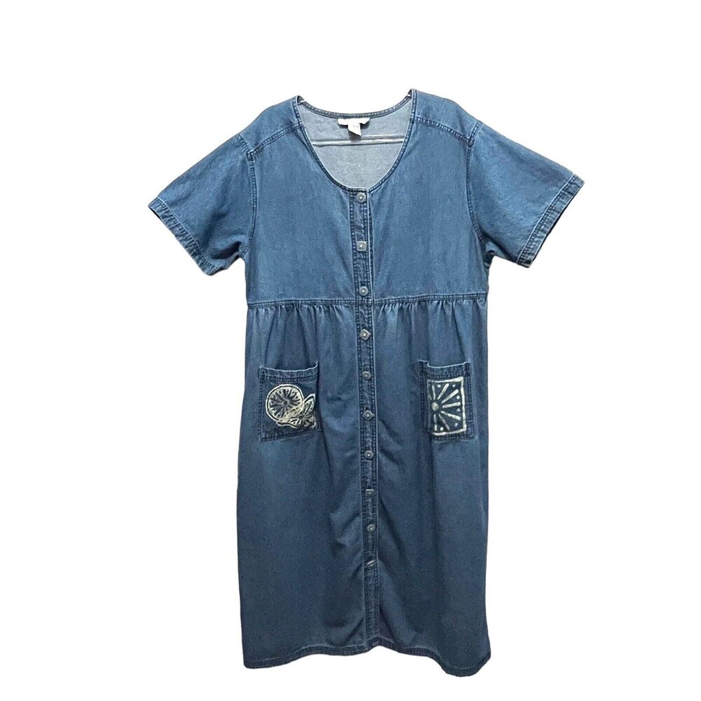 Denim Dress 90s Vintage KATE & Co. Womens 1X blue Painted Pockets Retro Tie Back